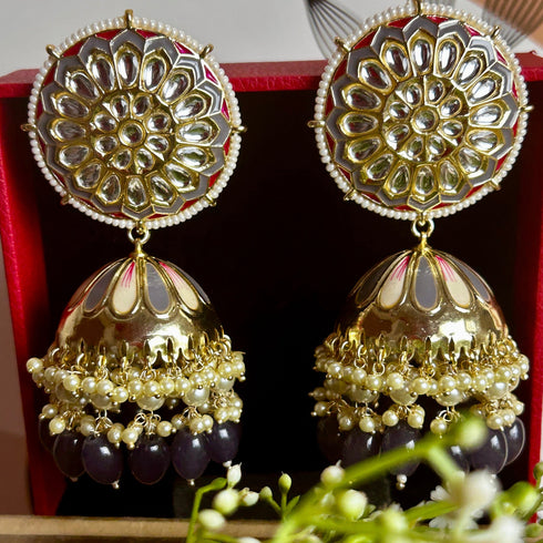 Regal Floral Meenakari Kundan Jhumka Earrings from Trenzify Store.