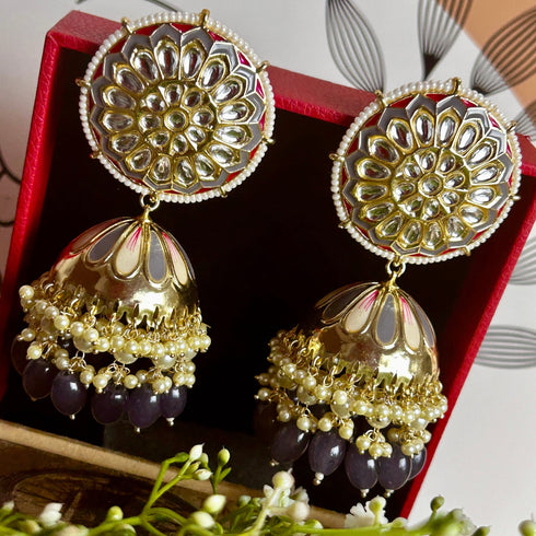Regal Floral Meenakari Kundan Jhumka Earrings from Trenzify Store.