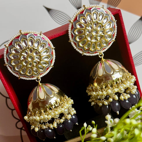 Regal Floral Meenakari Kundan Jhumka Earrings from Trenzify Store.
