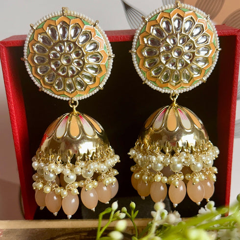 Regal Floral Meenakari Kundan Jhumka Earrings from Trenzify Store.