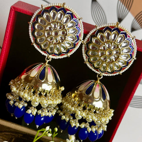Regal Floral Meenakari Kundan Jhumka Earrings from Trenzify Store.