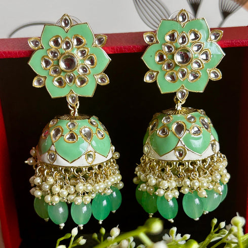 Floral Meenakari Kundan Jhumka Earrings from Trenzify Store.
