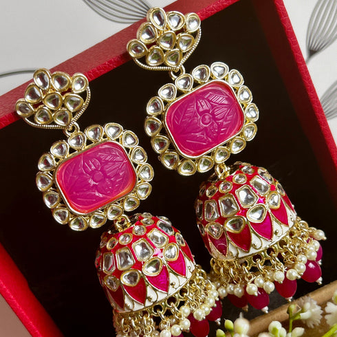 Carved Stone Kundan Jhumka Earrings from Trenzify Store.