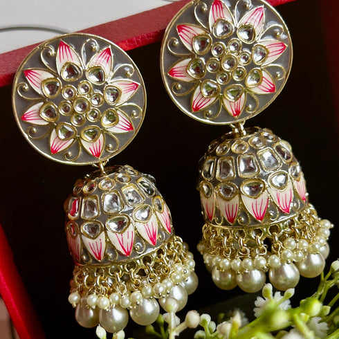 Round Floral Meenakari Jhumka Earrings from Trenzify Store.