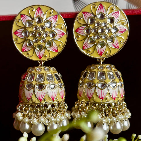 Round Floral Meenakari Jhumka Earrings from Trenzify Store.