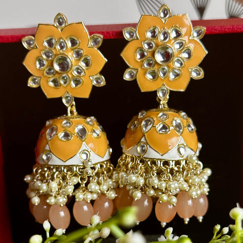 Floral Meenakari Kundan Jhumka Earrings from Trenzify Store.