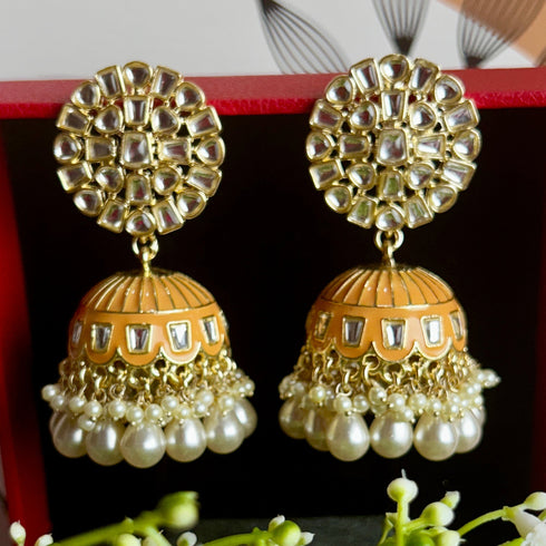 Floral Meenakari Kundan Jhumka Earrings from Trenzify Store.