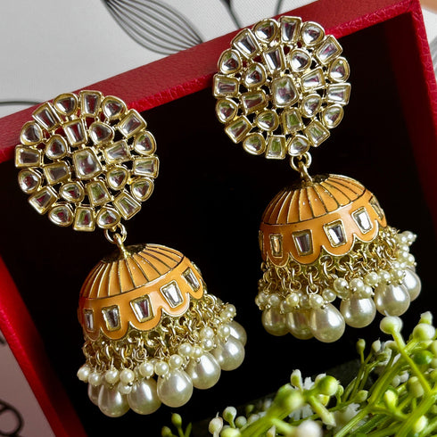 Floral Meenakari Kundan Jhumka Earrings from Trenzify Store.