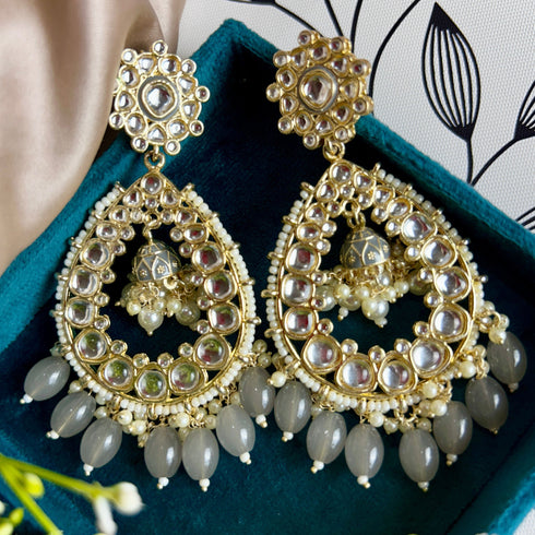 Grey Beaded Teardrop Kundan Earrings from Trenzify Store.