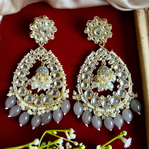 Grey Beaded Teardrop Kundan Earrings from Trenzify Store.