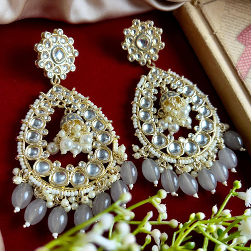Grey Beaded Teardrop Kundan Earrings from Trenzify Store.