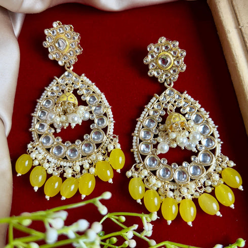 Yellow Beaded Teardrop Kundan Earrings from Trenzify Store.