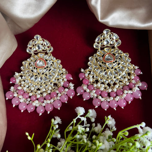 Pink Beaded Kundan Chandbali Earrings from Trenzify Store.
