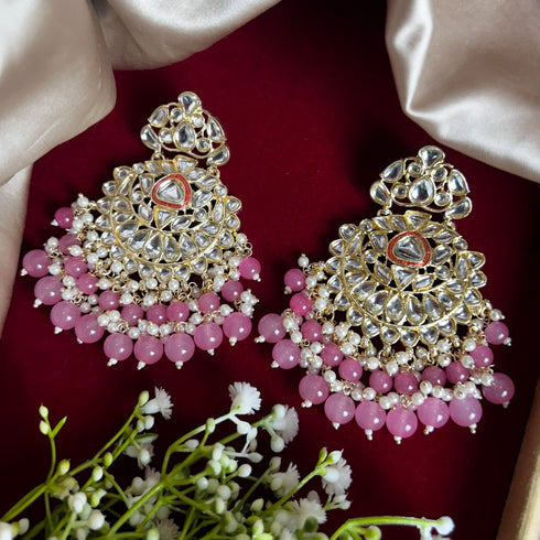 Pink Beaded Kundan Chandbali Earrings from Trenzify Store.