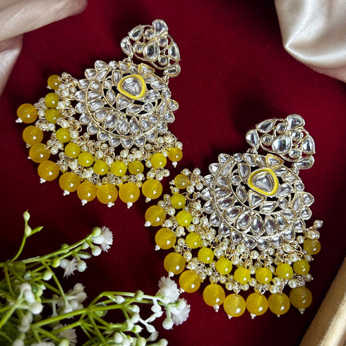 Yellow Beaded Kundan Chandbali Earrings from Trenzify Store.