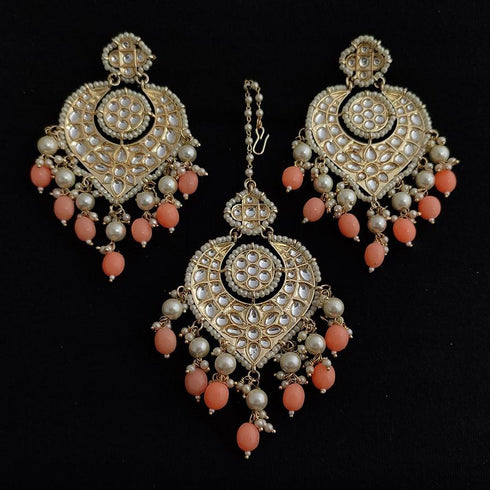 Peach Beaded Kundan Earrings & Maang Tikka Set from Trenzify Store.