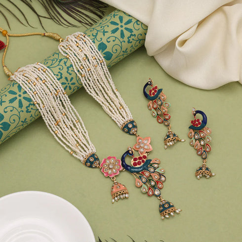 Peacock Kundan & Pearl Multi-Layered Necklace Set from Trenzify Store.