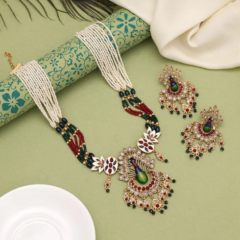 Exquisite Kundan and Pearl Peacock Necklace Set from Trenzify Store.