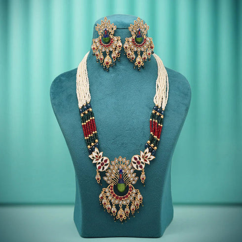 Exquisite Kundan and Pearl Peacock Necklace Set from Trenzify Store.
