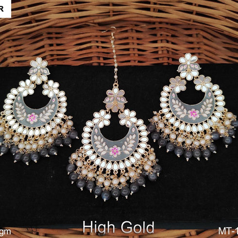 Grey Meenakari Kundan Chandbali Set with Maang Tikka from Trenzify Store.