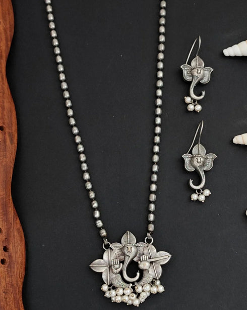 Ganesha Oxidized Silver Necklace Set from Trenzify Store.