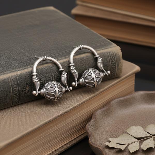 Oxidized silver tribal hoop earrings with vintage ethnic design β Trenziy Store