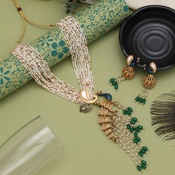 Elegant Multi-Layered Pearl Peacock Necklace Set from Trenzify Store.