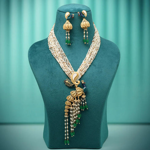 Elegant Multi-Layered Pearl Peacock Necklace Set from Trenzify Store.