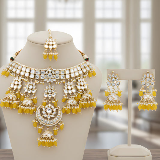 Yellow Kundan & Bead Necklace Set from Trenzify Store.