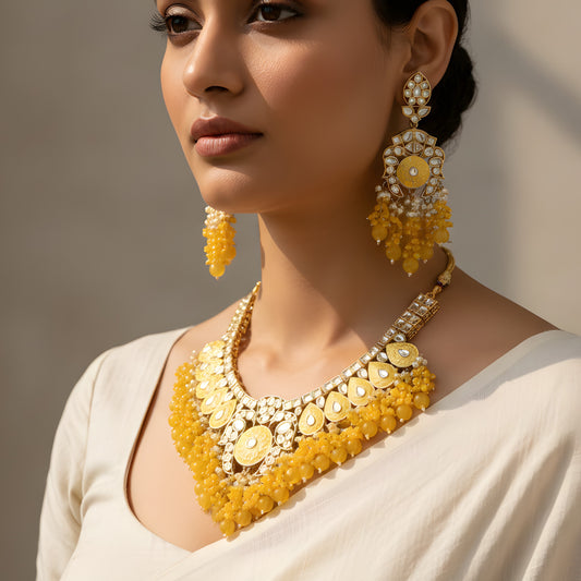 Yellow Kundan Necklace Set from Trenzify Store.